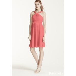Davids Bridal Short Crinkle Chiffon Dress with Halter Coral Reef 6